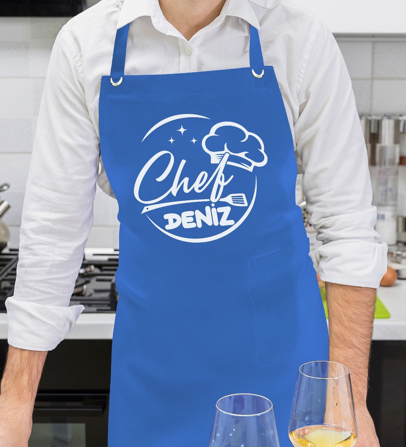 BK Gift Kişiye Özel İsimli Chef Tasarımlı Profesyonel Saks Mavi Mutfak Önlüğü, Aşçı Önlüğü, Şef Önlüğü, Arkadaşa Hediye-7