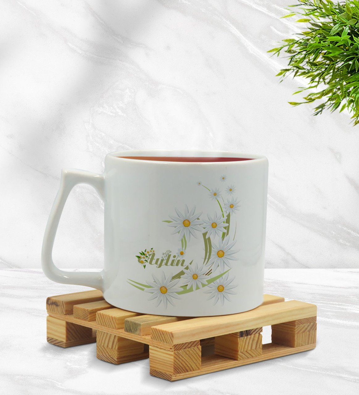 Kişiye Özel Papatya Temalı Middle Beyaz Kupa Bardak Model 1