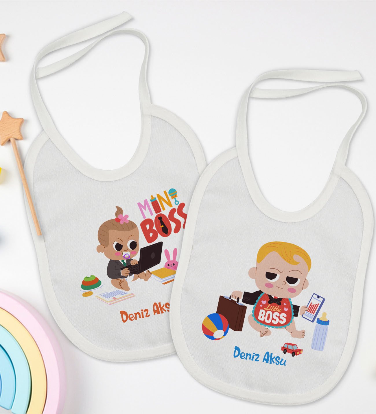 BK Kids Kişiye Özel Mini ve Little Boss Tasarımlı 2’li Beyaz Mama Önlüğü-1