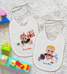 BK Kids Kişiye Özel Mini ve Little Boss Tasarımlı 2’li Beyaz Mama Önlüğü-1