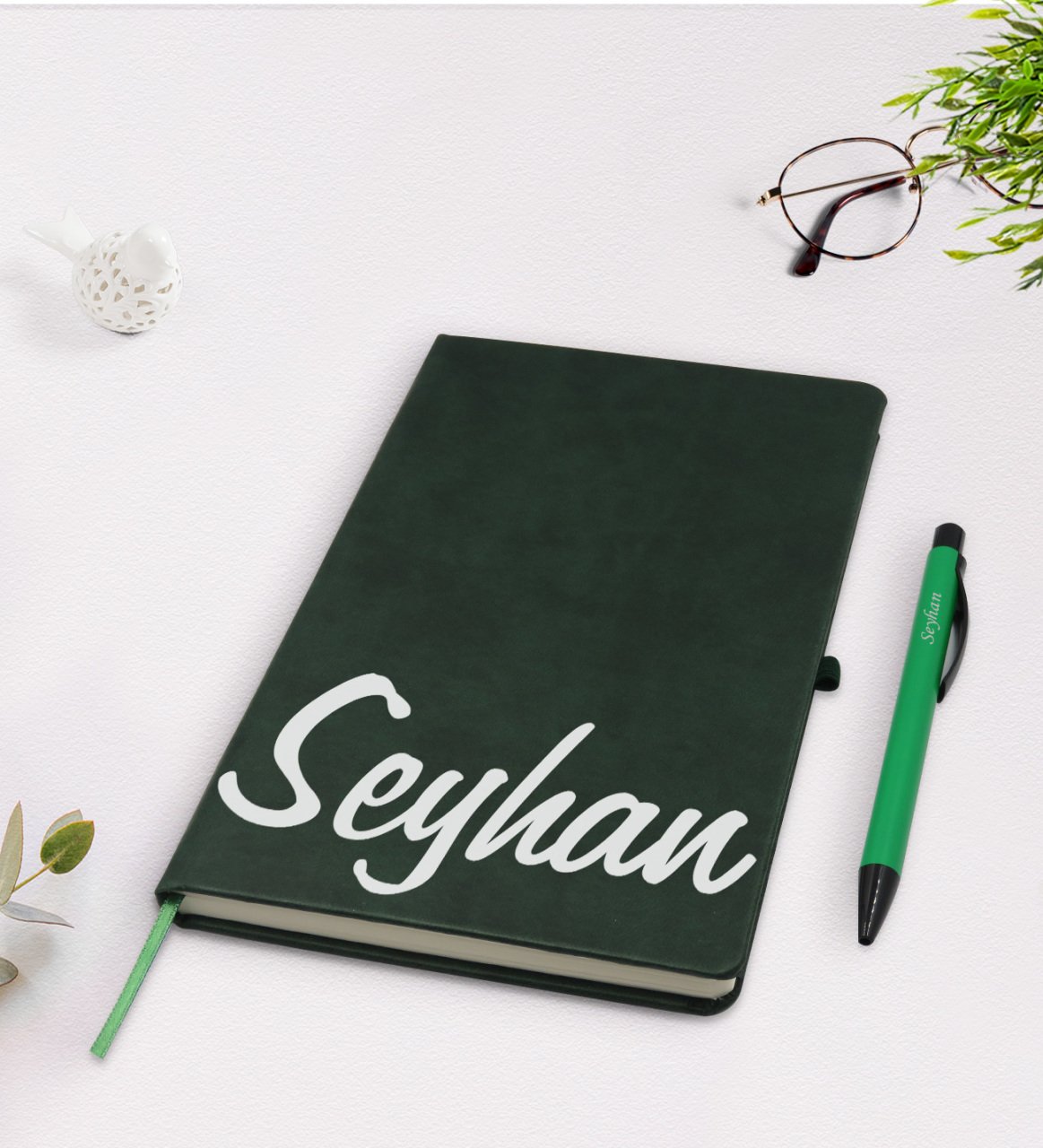 Kişiye Özel El Yazılı Yeşil Termo Deri Defter Kalem Seti Model 2