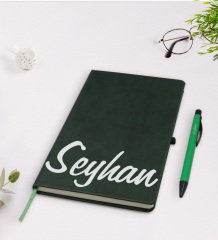 Kişiye Özel El Yazılı Yeşil Termo Deri Defter Kalem Seti Model 2