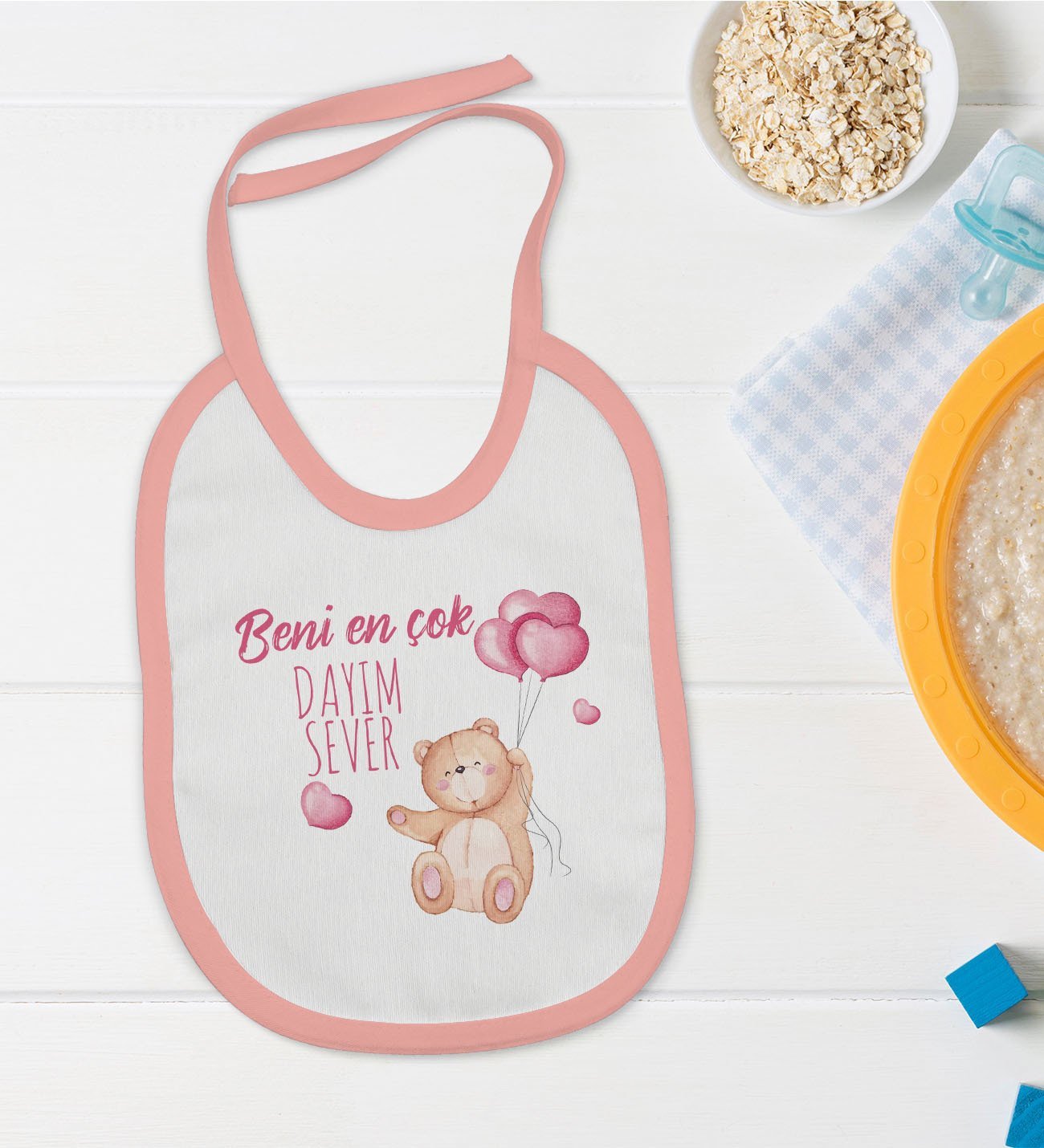 BK Kids Beni En Çok Dayım Sever Tasarımlı Pembe Bebek Mama Önlüğü