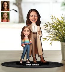 BK Gift Kişiye Özel Anne ve Kız Çocuk Karikatürlü Ahşap Biblo-1, Anneye Hediye, Anneler Günü Hediyesi, Eşe Hediye