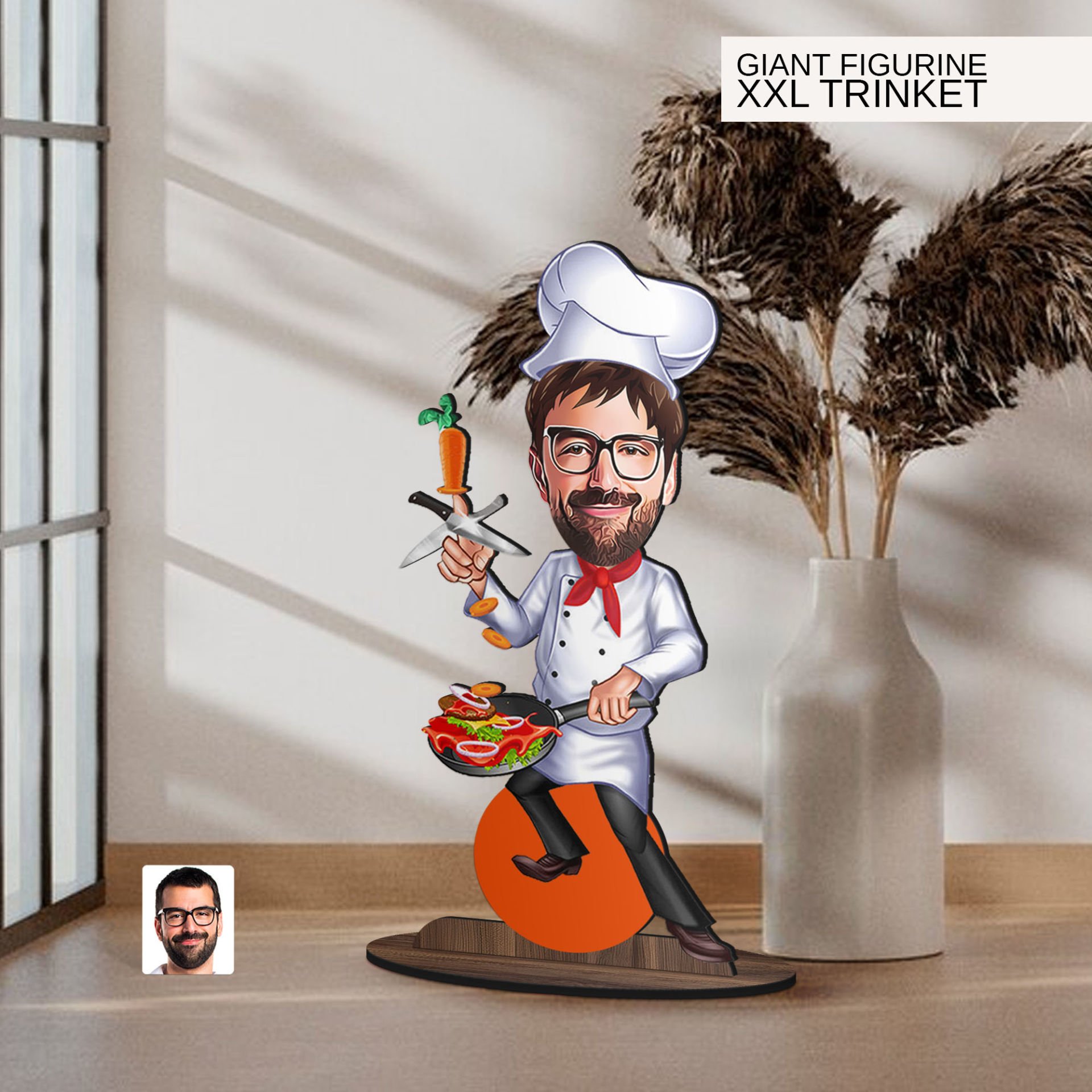 BK Gift Kişiye Özel Chef Karikatürlü Büyük Boy Ahşap Biblo-3 Arkadaşa Hediye , Sevgiliye Hediye, Kişiye Özel Biblolar