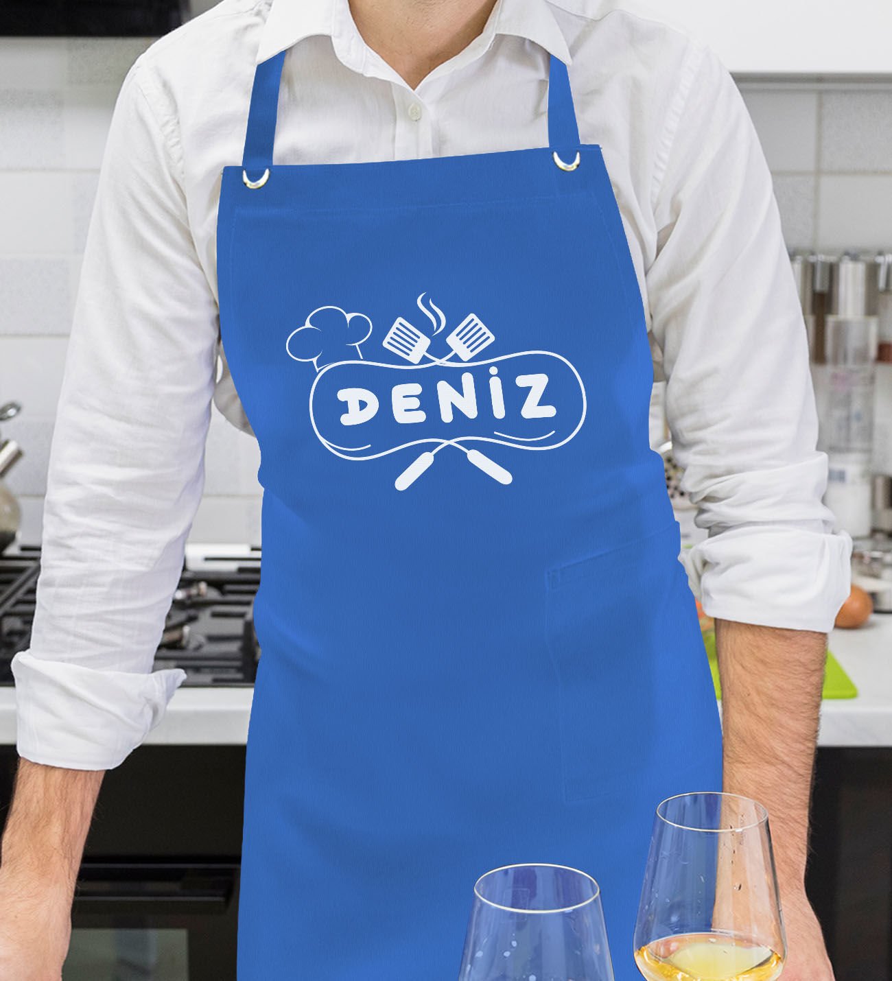 BK Gift Kişiye Özel İsimli Chef Tasarımlı Profesyonel Saks Mavi Mutfak Önlüğü, Aşçı Önlüğü, Şef Önlüğü, Arkadaşa Hediye-10