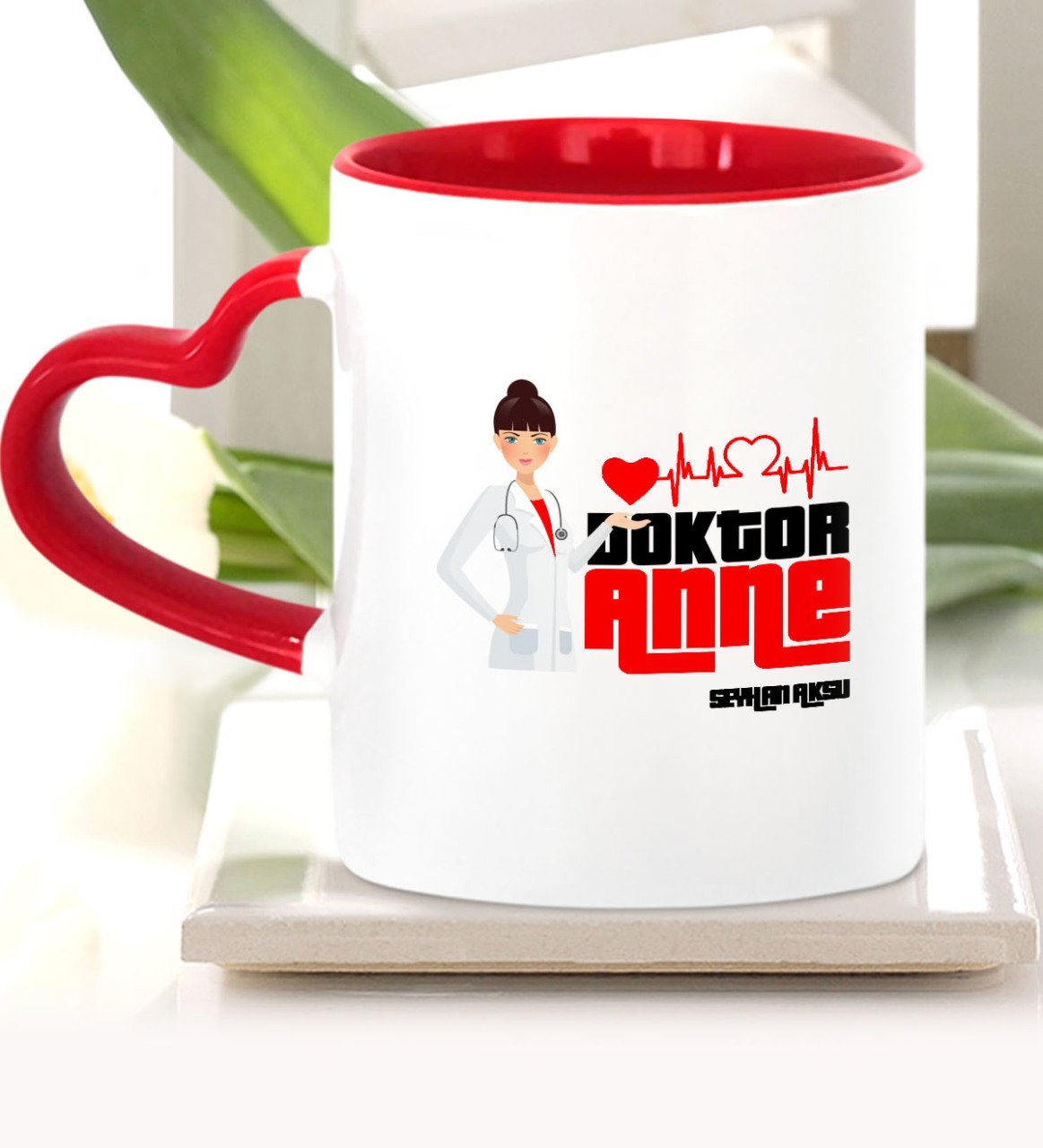 Kişiye Özel Doktor Anne Kırmızı Kalpli Kupa Bardak - 1