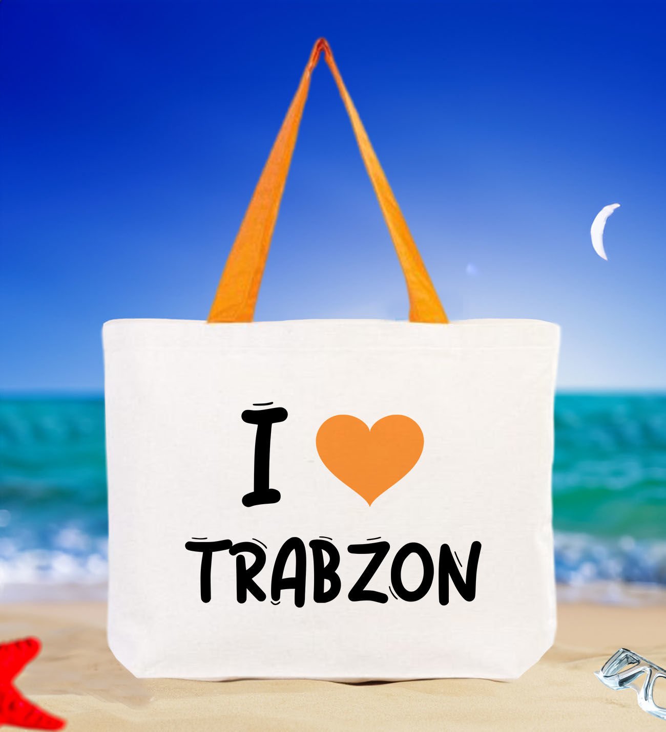 BK Gift I Love Trabzon Turuncu Renkli Kulp Kanvas Plaj Çantası 48x40m, Baskılı Omuz Çantası, Alışveriş Çantası