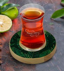 Kişiye Özel Yapraklar Tasarımlı Doğal Ahşap Tabaklı Heybeli Çay Bardağı Model 10