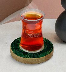 Kişiye Özel Yapraklar Tasarımlı Doğal Ahşap Tabaklı Heybeli Çay Bardağı Model 10