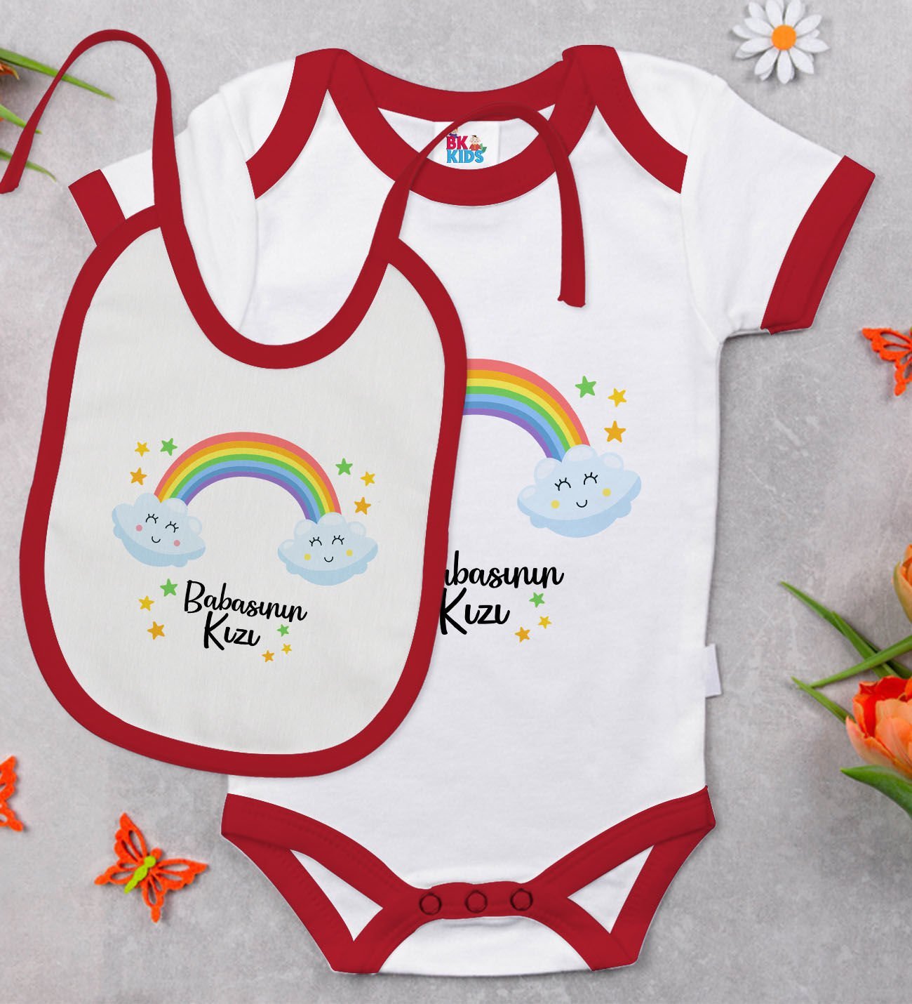 BK Kids Babasının Kızı Tasarımlı Kırmızı Bebek Body Zıbın ve Mama Önlüğü Hediye Seti-1