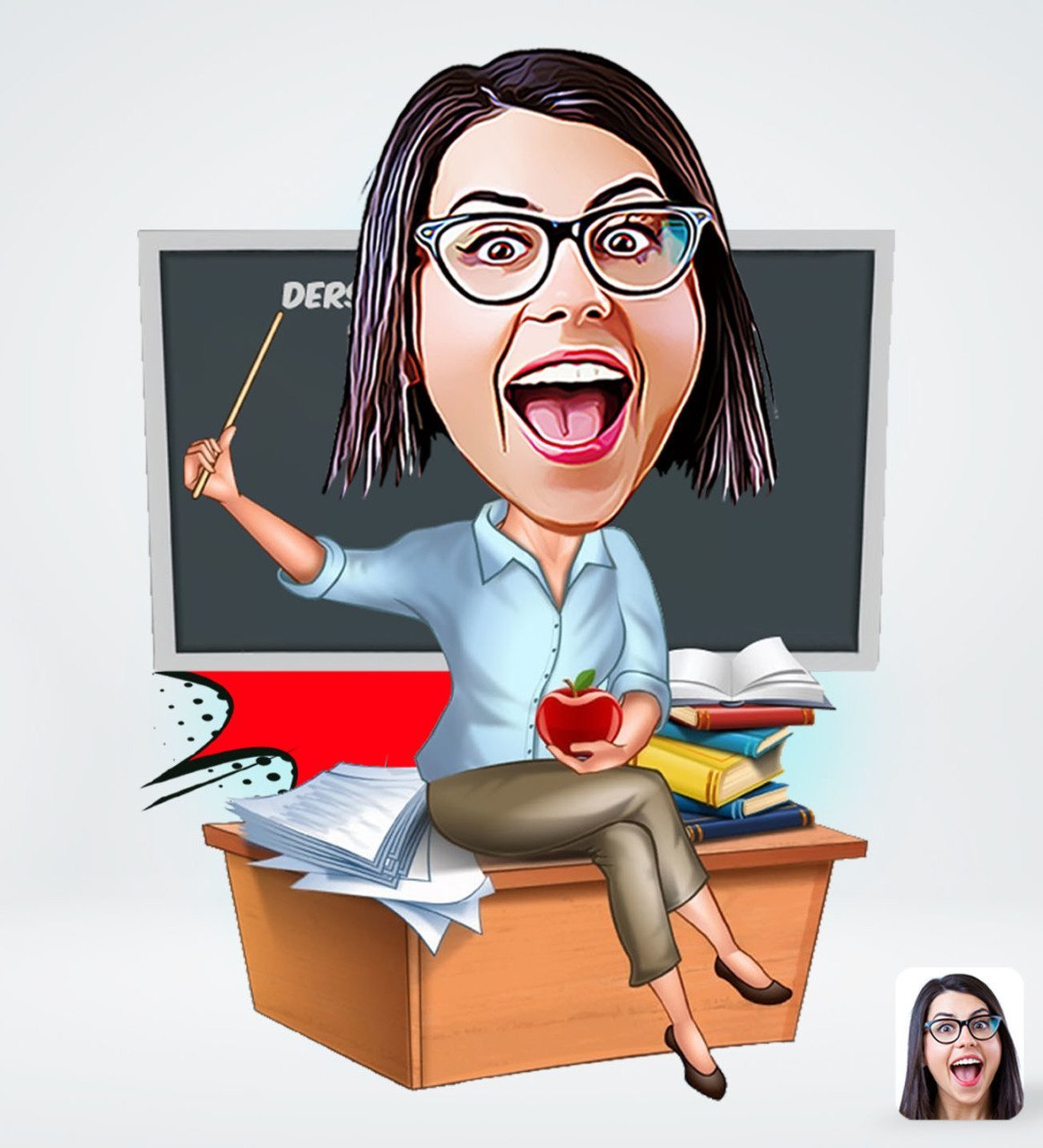 Kişiye Özel Kadın Öğretmen Tasarımlı Dijital Karikatür-2