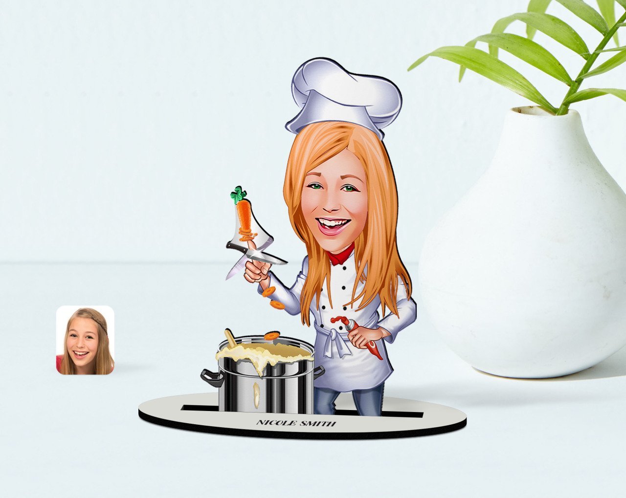 Kişiye Özel Kadın Chef Karikatürlü Ahşap Biblo Model-1