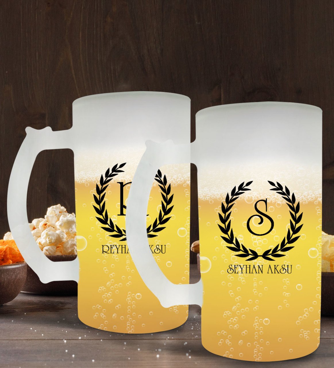 Kişiye Özel Çelenk Baş Harfli İsimli 2’li Buzlu Cam Bira Bardağı 50cl-2
