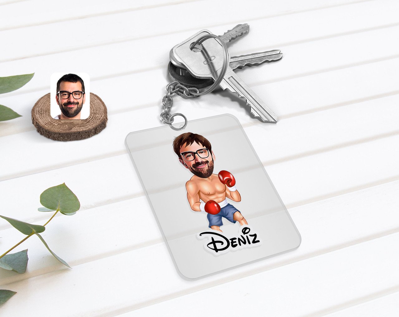 Kişiye Özel Erkek Boksör Karikatürlü Şeffaf Pleksi Anahtarlık