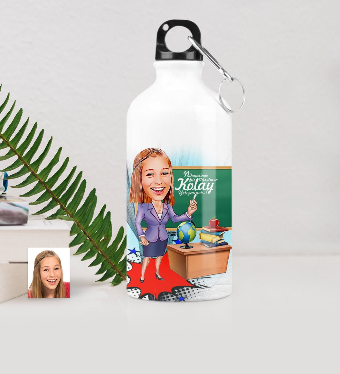 Kişiye Özel Bayan Öğretmen Karikatürlü Metal Suluk (500 ml.) 1