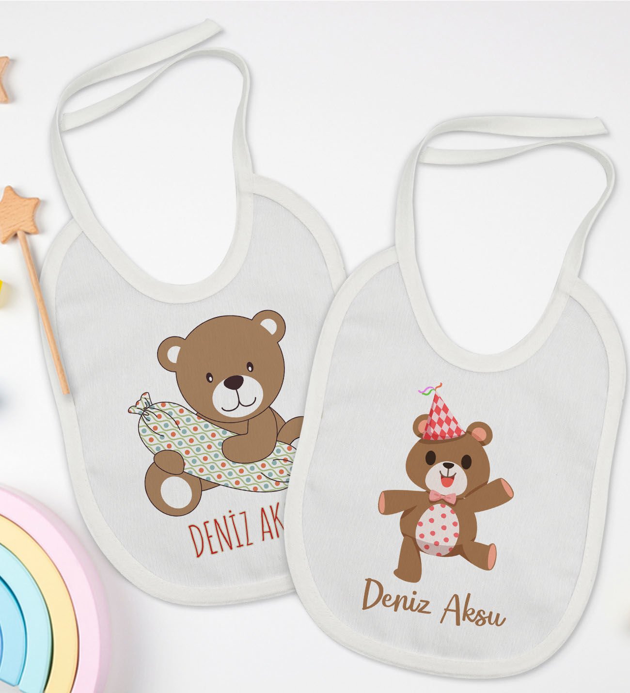 BK Kids Kişiye Özel Sevimli Ayı Tasarımlı 2’li Beyaz Mama Önlüğü-1