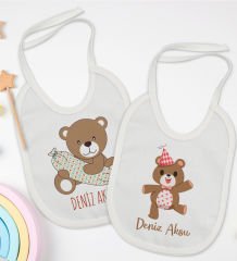 BK Kids Kişiye Özel Sevimli Ayı Tasarımlı 2’li Beyaz Mama Önlüğü-1