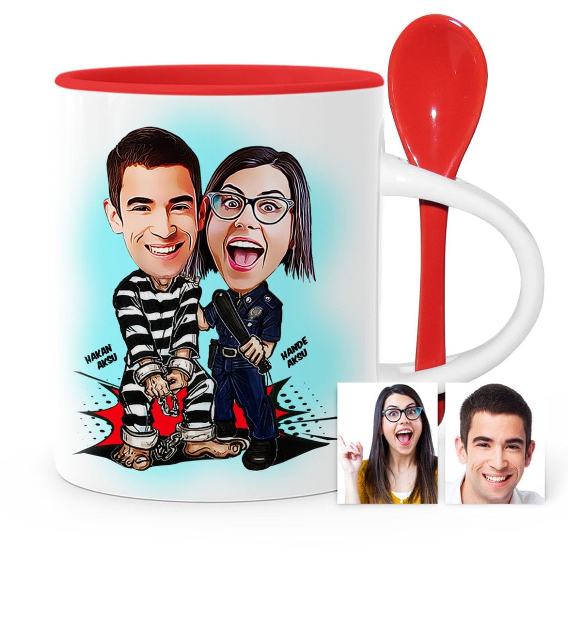 Kişiye Özel Sevgililer Karikatür Kırmızı Kaşıklı Kupa Bardak - 7