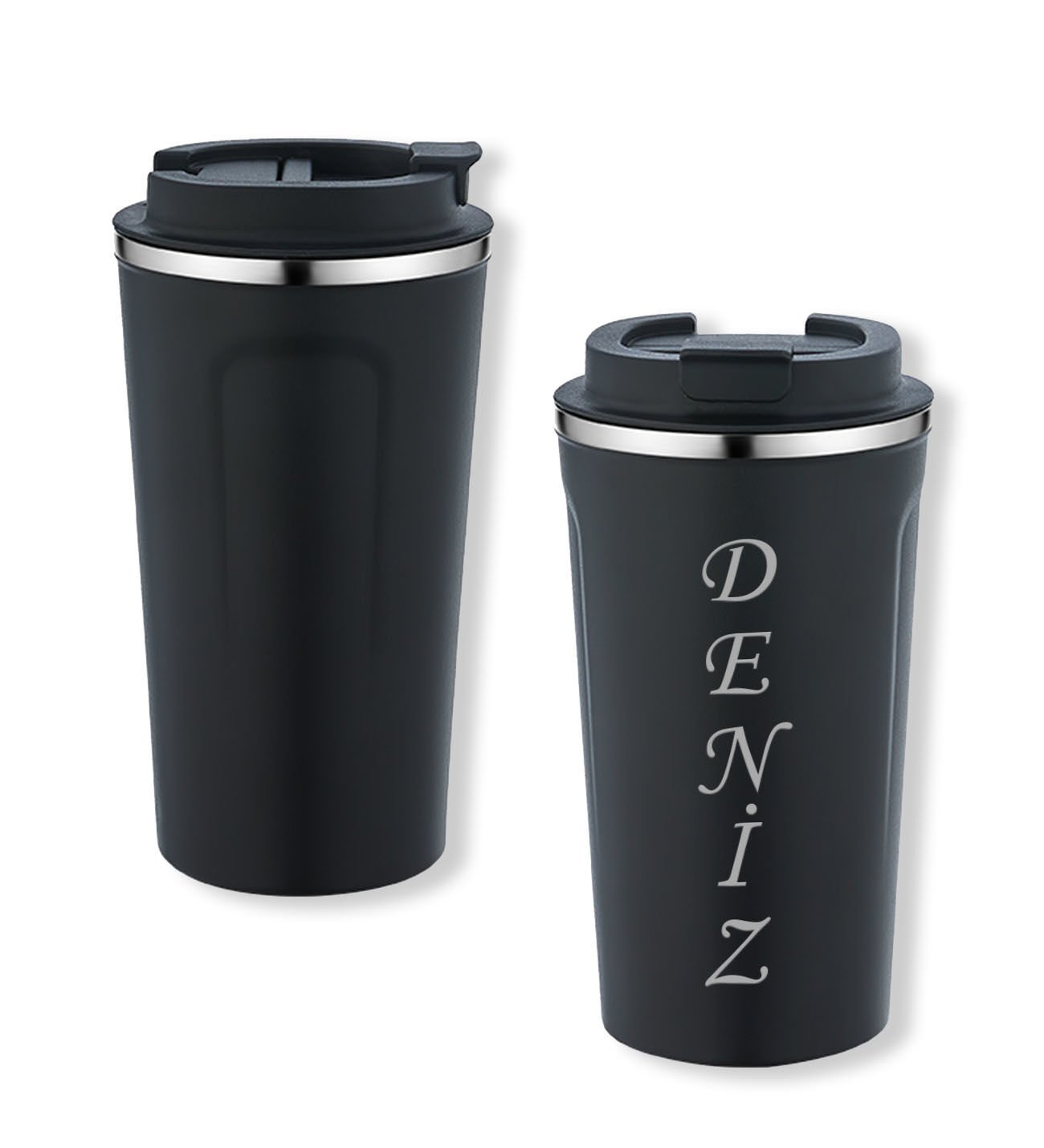 BK Gift Kişiye Özel İsimli 5334 Siyah Paslanmaz Çelik Termos Mug 450ml, Vakumlu Termos Bardak