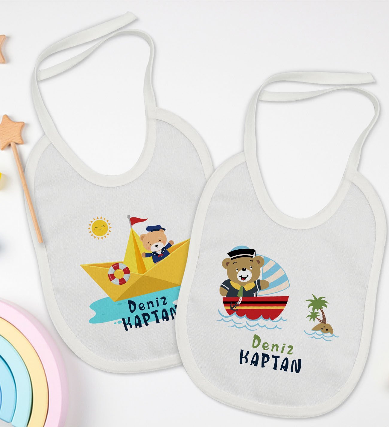 BK Kids Kişiye Özel Sevimli Kaptan Tasarımlı 2’li Beyaz Mama Önlüğü-1