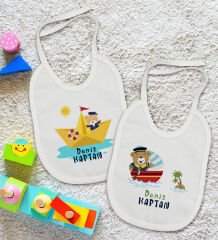BK Kids Kişiye Özel Sevimli Kaptan Tasarımlı 2’li Beyaz Mama Önlüğü-1