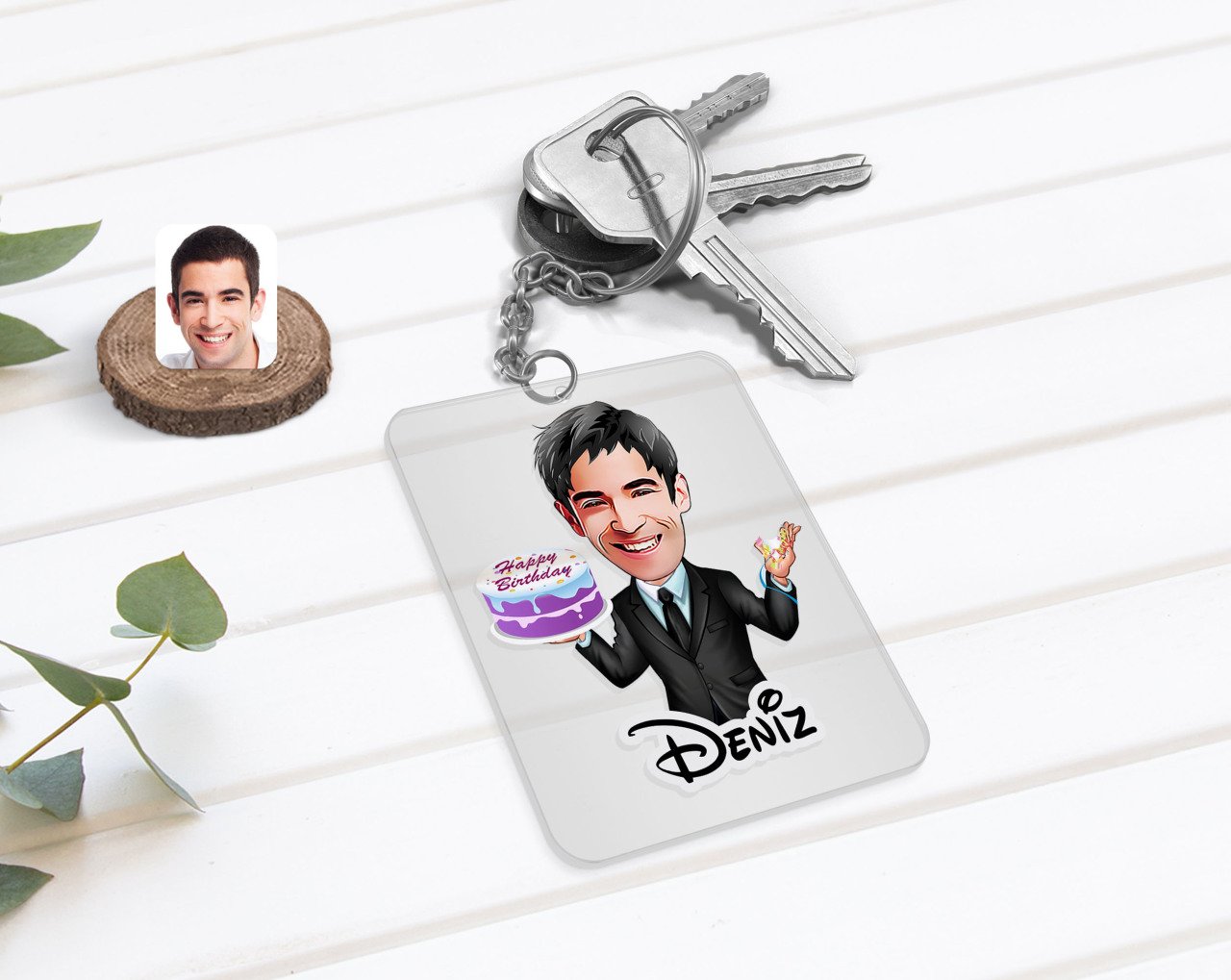 Kişiye Özel Erkek Doğum Günü Karikatürlü Şeffaf Pleksi Anahtarlık-2