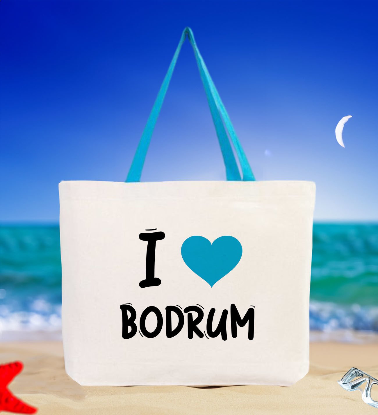 BK Gift I Love Bodrum Turkuaz Renkli Kulp Kanvas Plaj Çantası 48x40m, Baskılı Omuz Çantası, Alışveriş Çantası