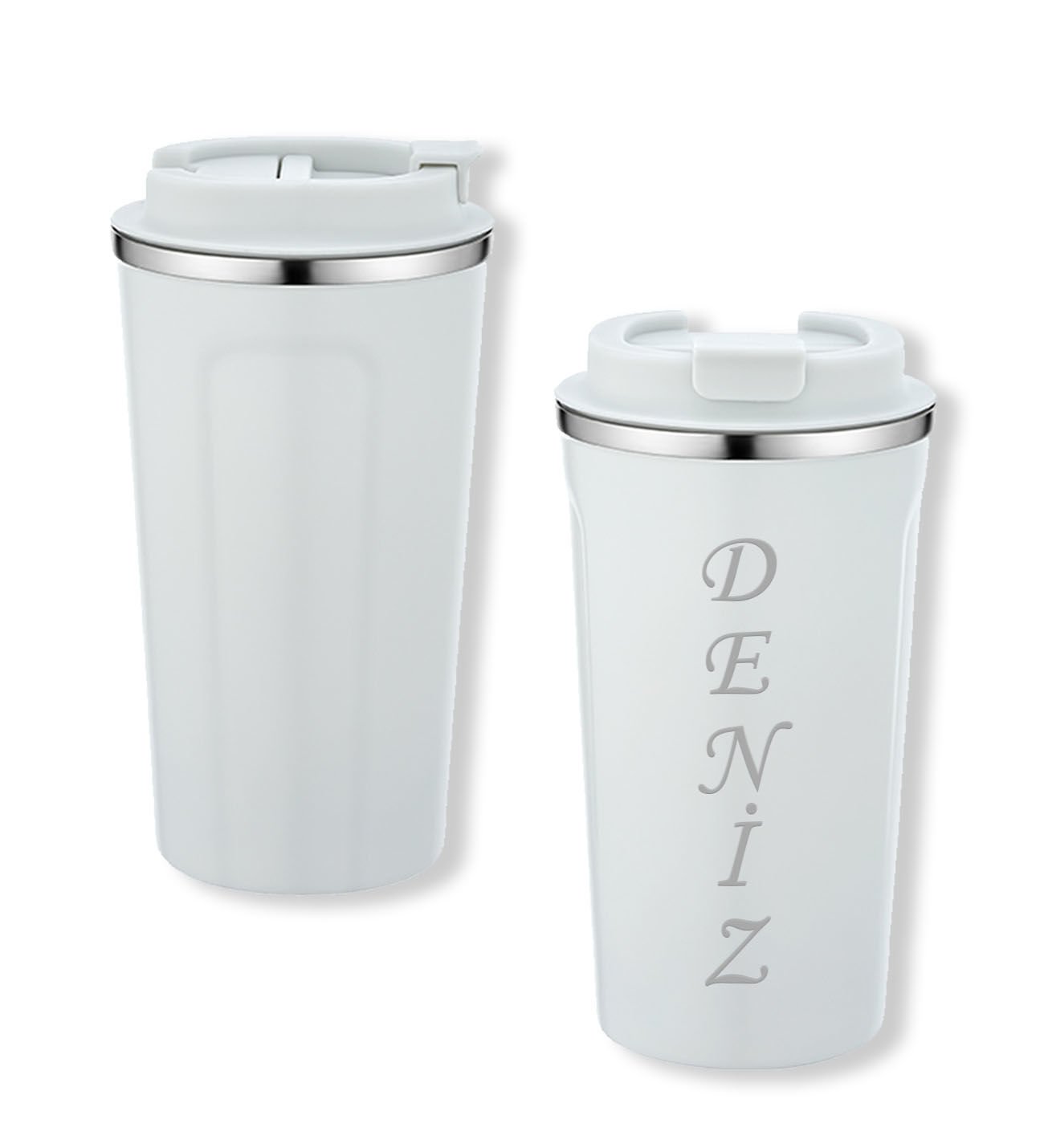 BK Gift Kişiye Özel İsimli 5334 Beyaz Paslanmaz Çelik Termos Mug 450ml, Vakumlu Termos Bardak