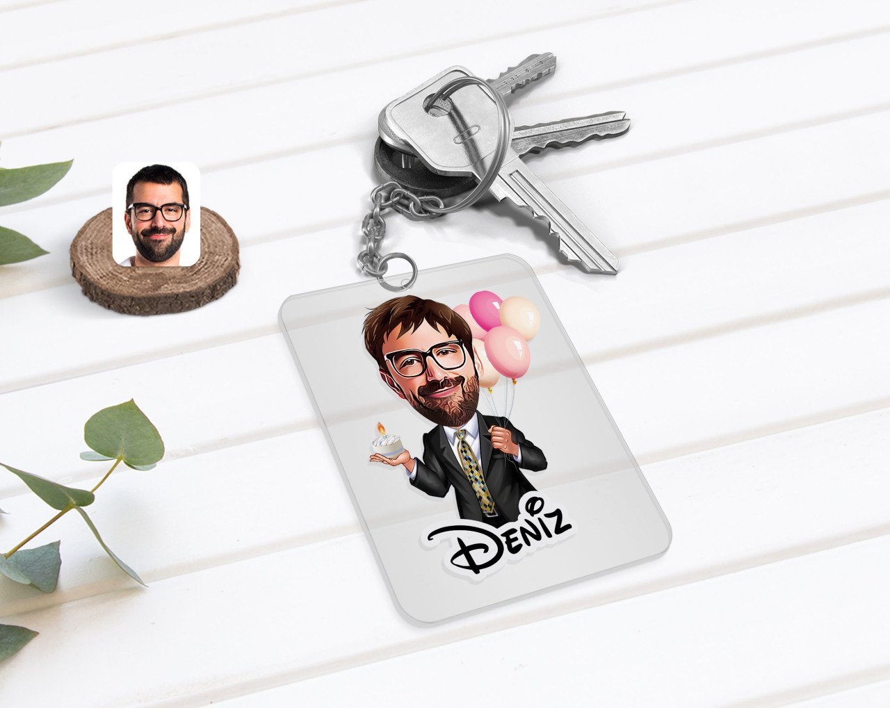 Kişiye Özel Erkek Doğum Günü Karikatürlü Şeffaf Pleksi Anahtarlık-3