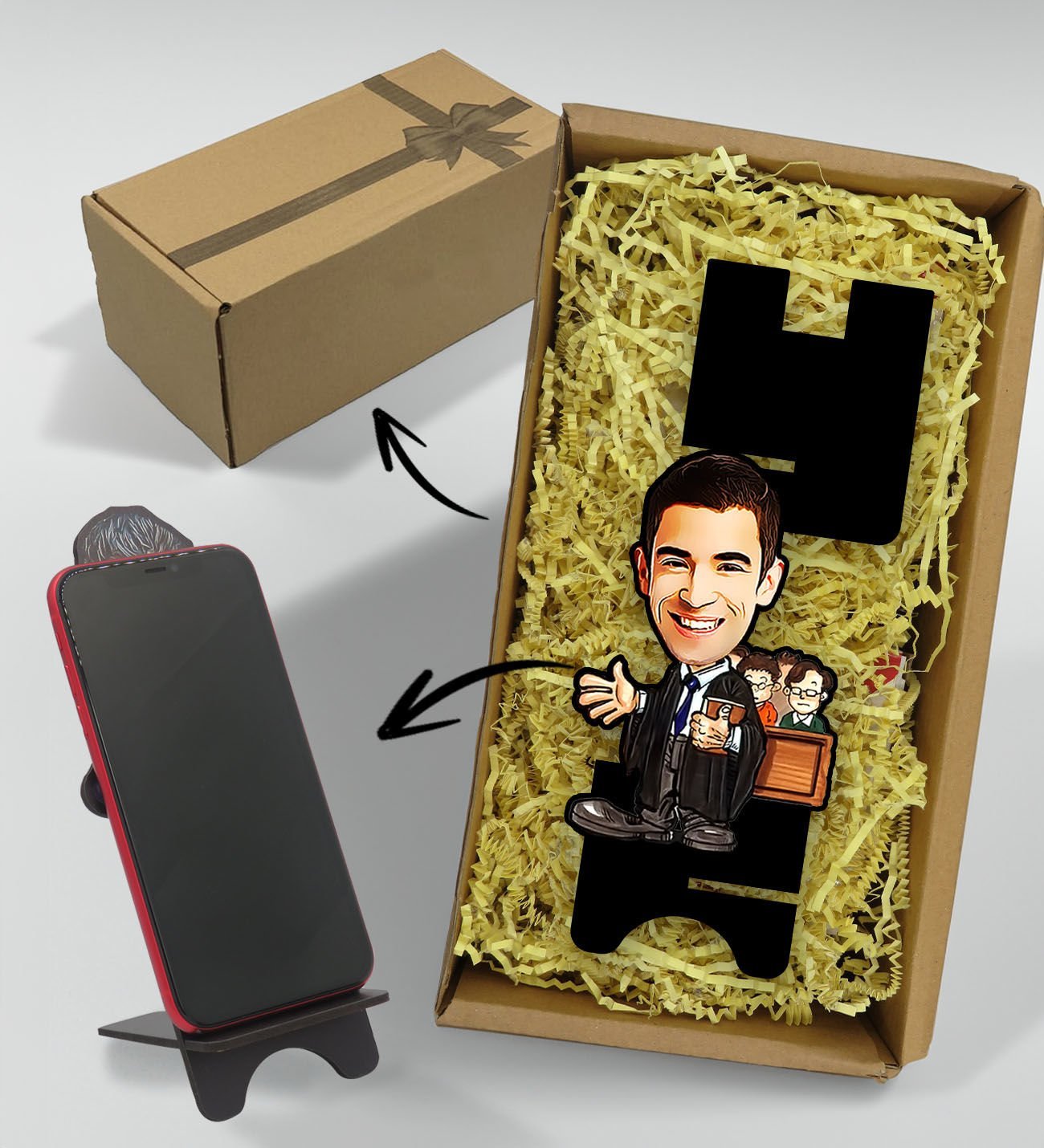 BK Gift Hediye Kutusunda Kişiye Özel Erkek Avukat Karikatürlü Ahşap Biblo Telefon Standı-2