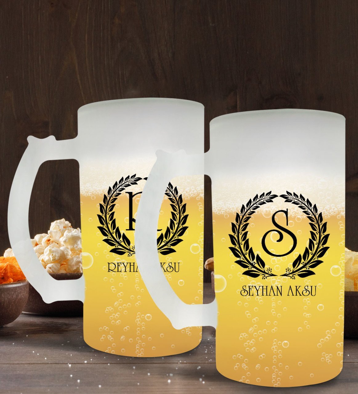 Kişiye Özel Çelenk Baş Harfli İsimli 2’li Buzlu Cam Bira Bardağı 50cl-6