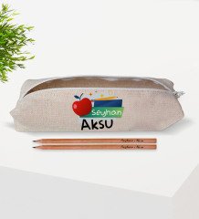 Çocuklara Özel İsimli Keten Okul Kalemliği ve Ahşap Kurşun Kalem Hediye Seti-12