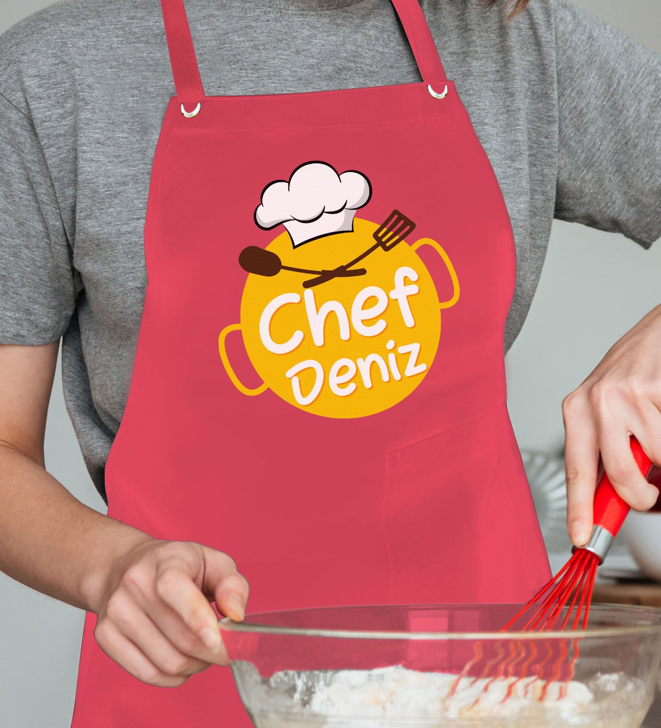BK Gift Kişiye Özel İsimli Chef Tasarımlı Profesyonel Kırmızı  Mutfak Önlüğü, Aşçı Önlüğü, Şef Önlüğü, Arkadaşa Hediye-3