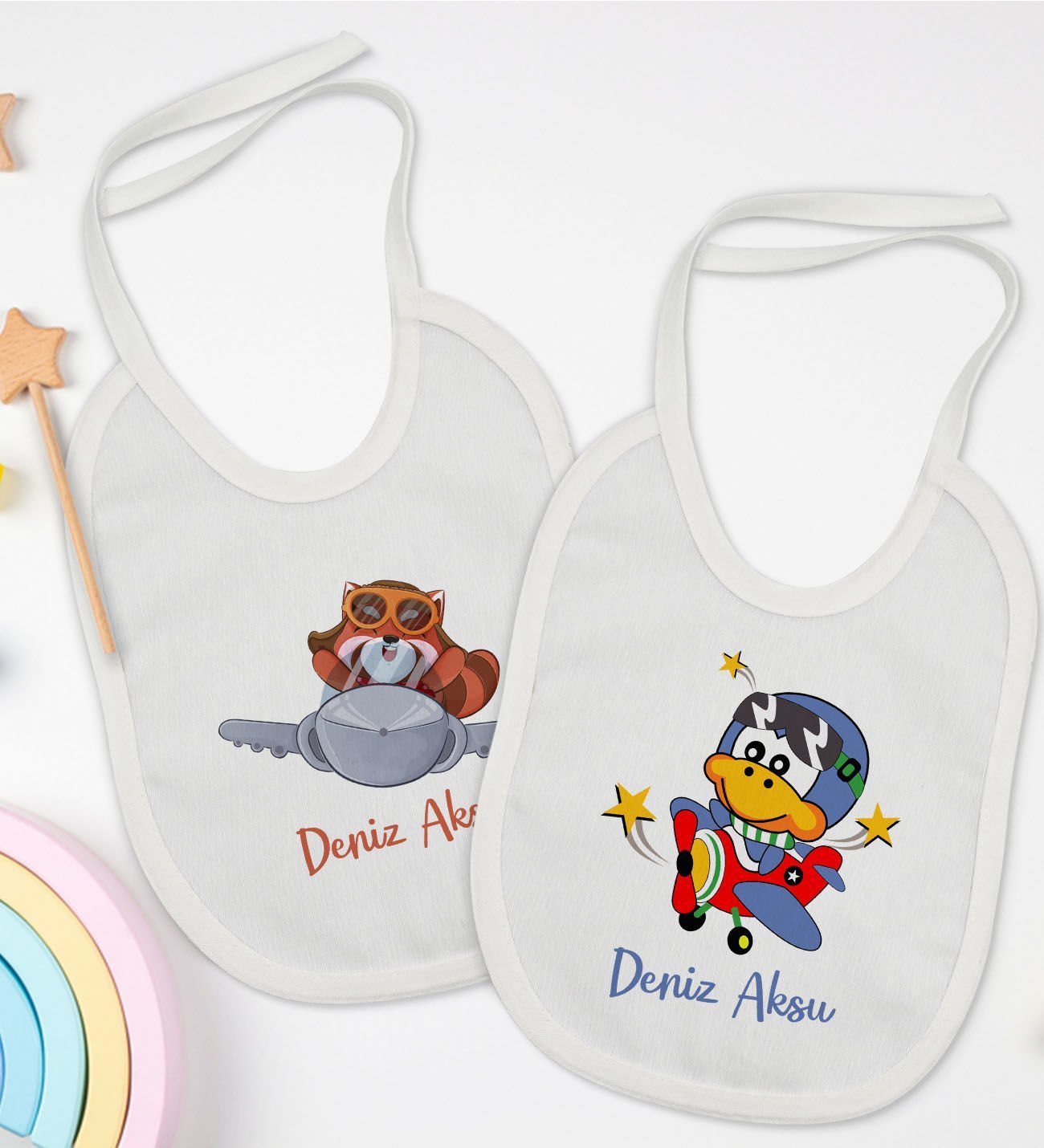 BK Kids Kişiye Özel Sevimli Pilot Tasarımlı 2’li Beyaz Mama Önlüğü-1