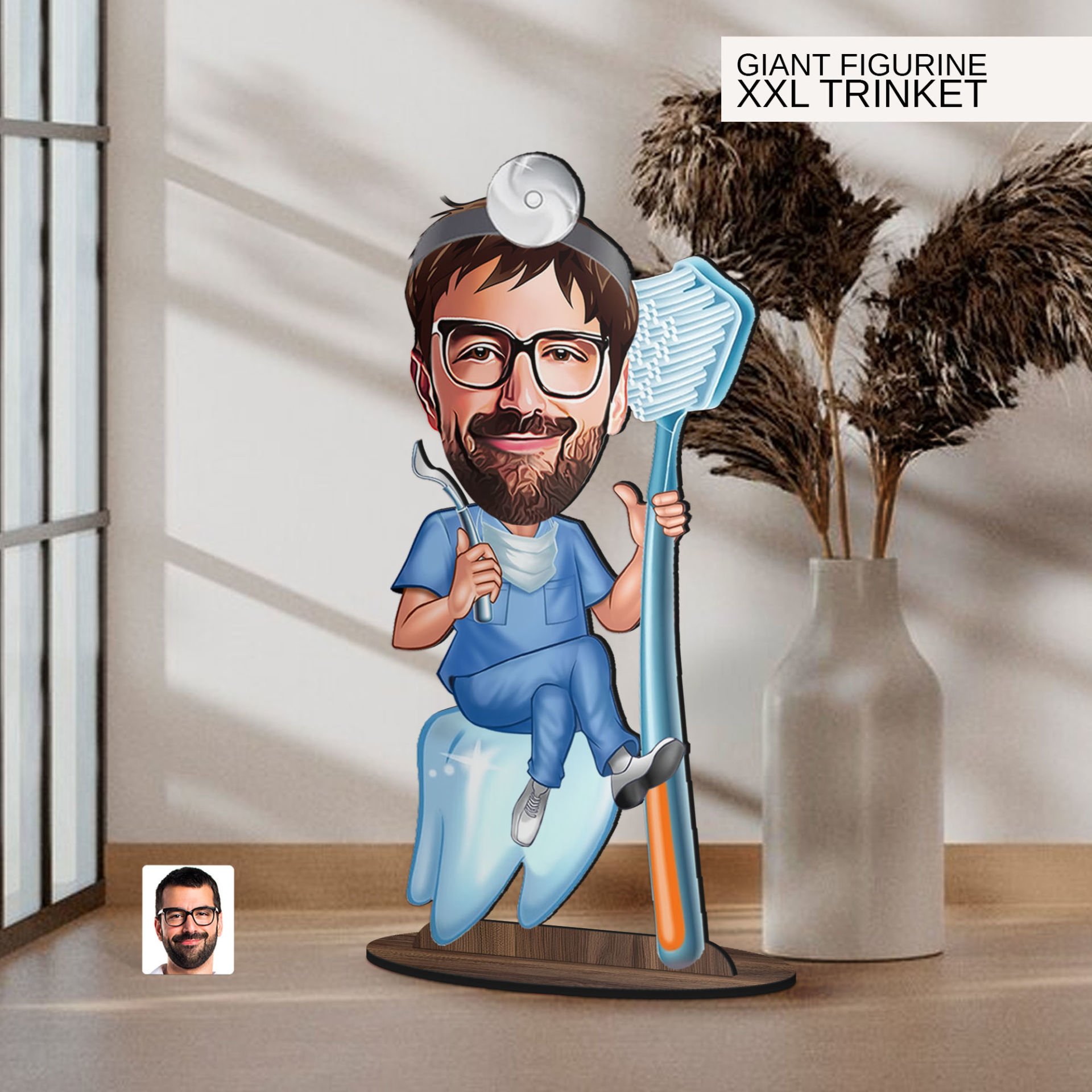 BK Gift Kişiye Özel Diş Hekimi Karikatürlü Büyük Boy Ahşap Biblo-3 Arkadaşa Hediye , Sevgiliye Hediye, Kişiye Özel Biblolar