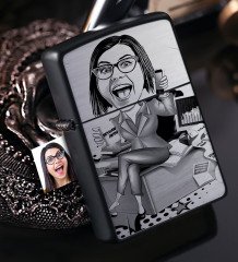 Kişiye Özel Bayan Muhasebeci Karikatürlü Benzinli Siyah Metal Çakmak - 1