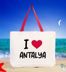 BK Gift I Love Antalya Kırmızı Renkli Kulp Kanvas Plaj Çantası 48x40m, Baskılı Omuz Çantası, Alışveriş Çantası