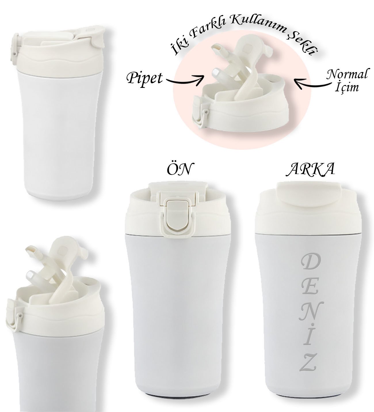 BK Gift Kişiye Özel İsimli 5335 Paslanmaz Beyaz Çelik Termos Mug 400ml, Vakumlu Termos Bardak