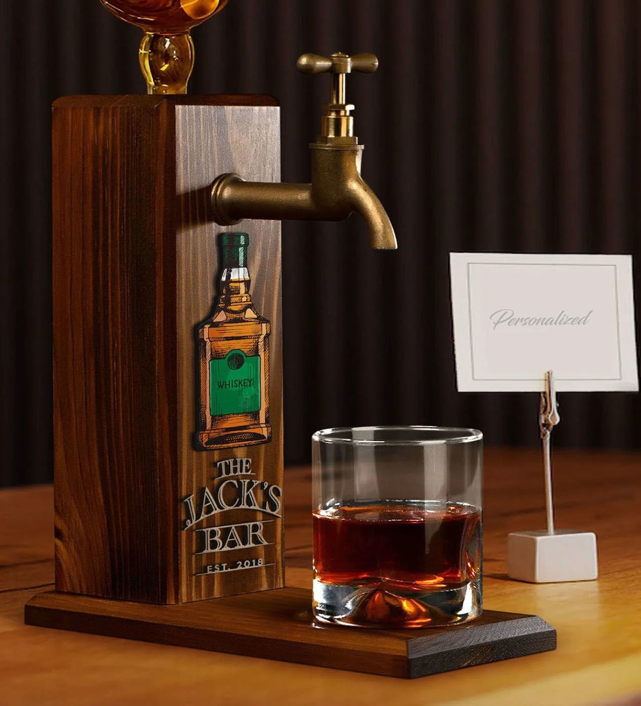 BK Gift Kişiye Özel Kabartma İsimli Musluklu Doğal Ahşap İçki Standı, Home Bar, Viski Çeşmesi, İçecek Dispenseri, Ahşap İçecek Çeşmesi-11