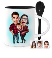 Kişiye Özel Aile Karikatür Siyah Kaşıklı Kupa Bardak - 2