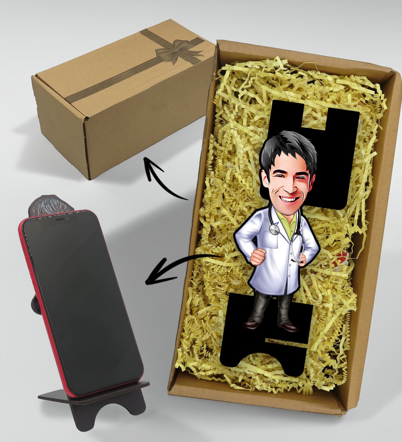 BK Gift Hediye Kutusunda Kişiye Özel Erkek Doktor Karikatürlü Ahşap Biblo Telefon Standı-1