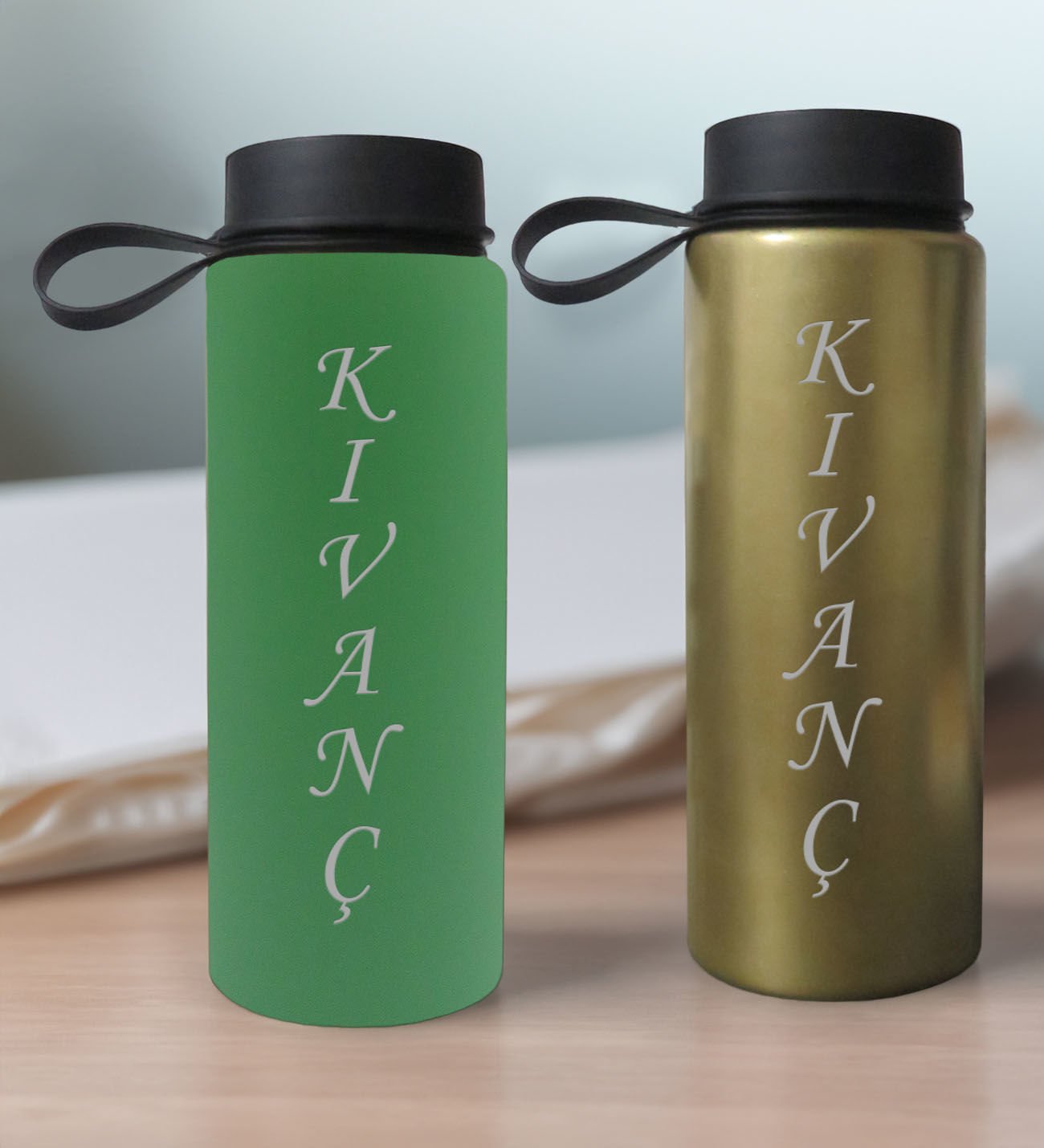 BK Gift Kişiye Özel İsimli 2’li Yeşil ve Gold Cam Matara 500ml, Sevgiliye Hediye, İsimli Cam Matara, Sevgililer Günü