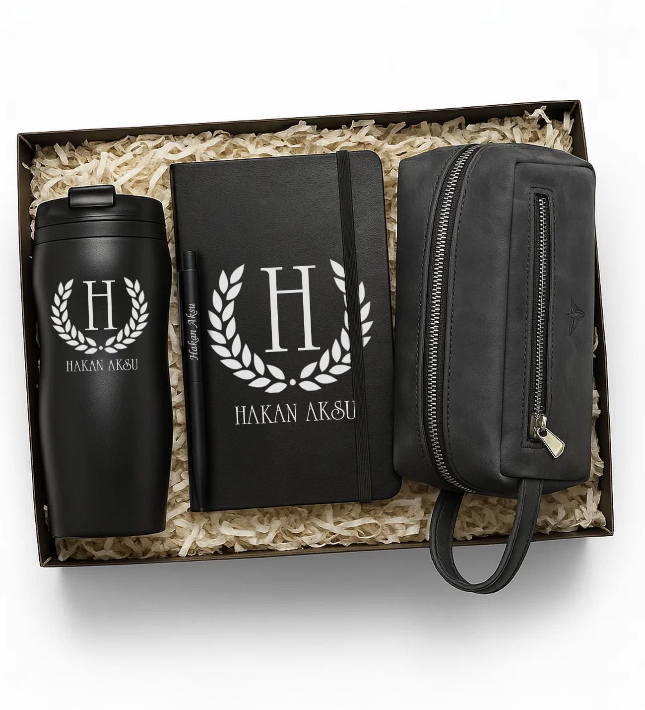 BK Gift Kişiye Özel Defter & Kalem & Termos & Garbalia Boston Deri El Saplı Çanta Hediye Seti-1 | Babalar Günü Hediyesi, Erkeklere Özel Hediye