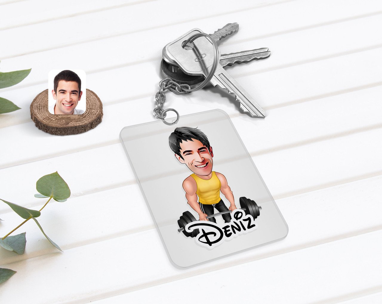 Kişiye Özel Erkek Halterci Karikatürlü Şeffaf Pleksi Anahtarlık