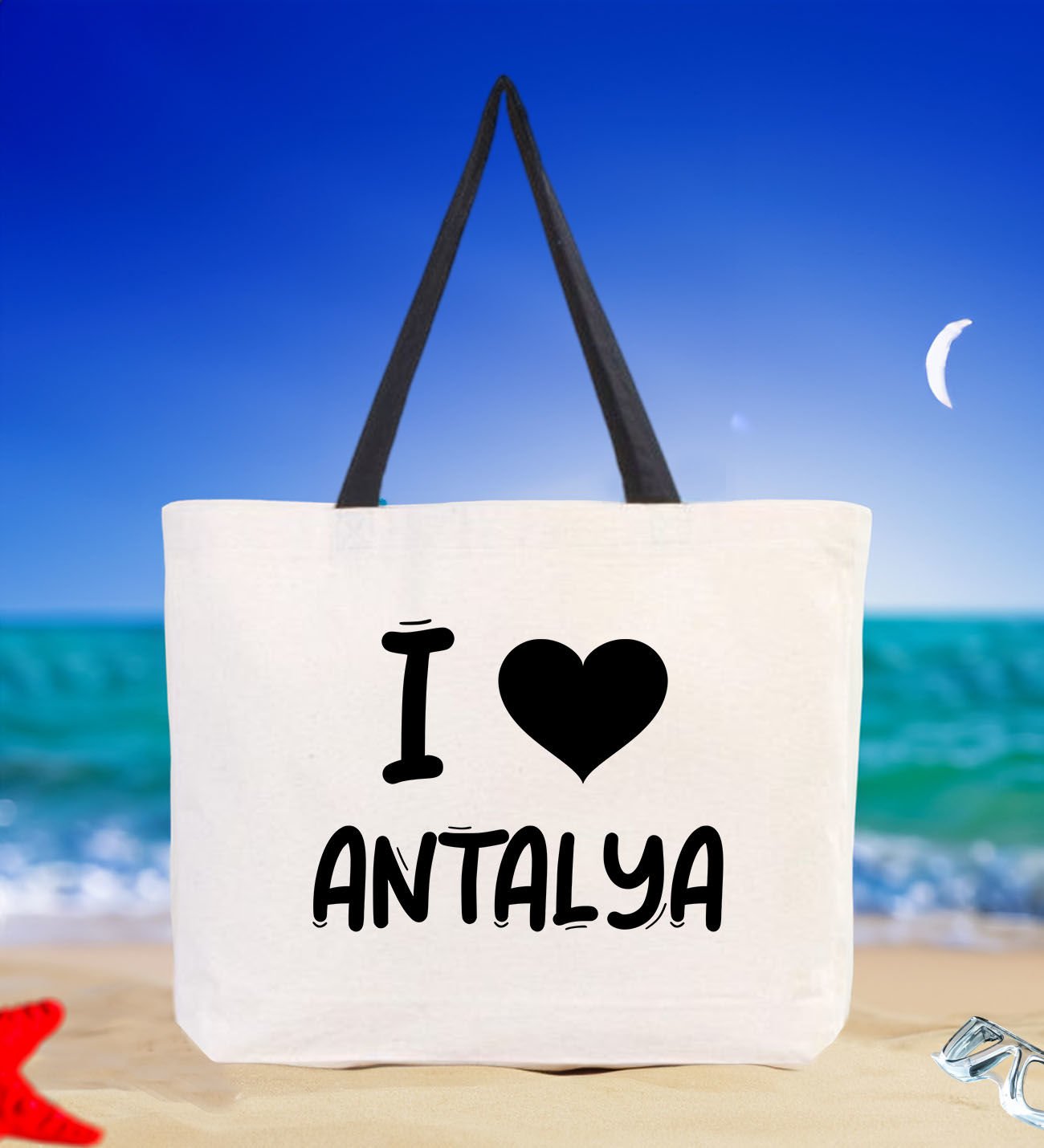 BK Gift I Love Antalya Siyah Renkli Kulp Kanvas Plaj Çantası 48x40m, Baskılı Omuz Çantası, Alışveriş Çantası