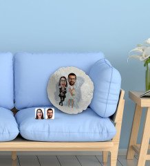 Kişiye Özel Sevgililer Karikatürlü Yuvarlak Dekoratif Kırlent Yastık-16