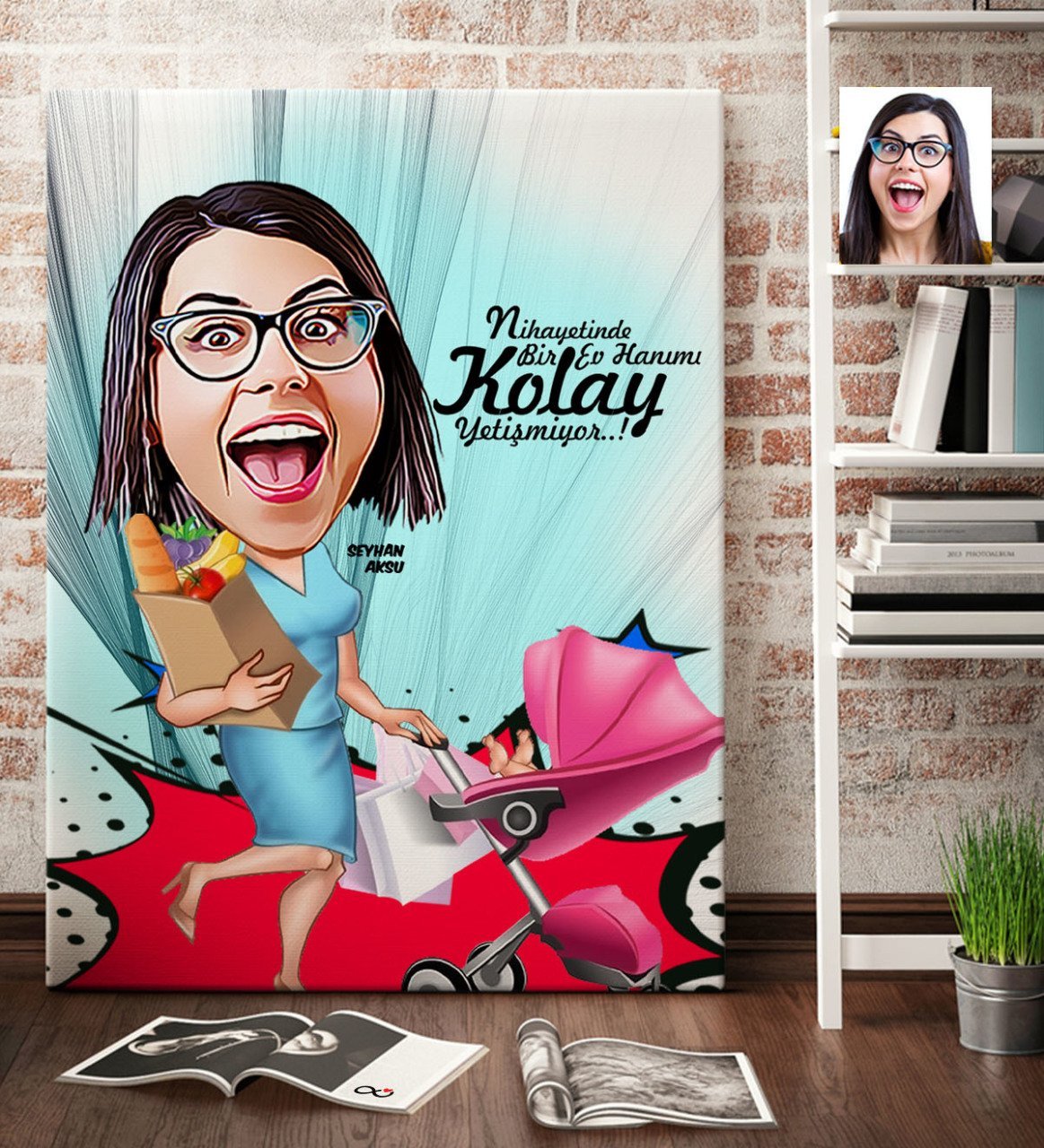 Kişiye Özel Ev Hanımı Karikatür Kanvas Tablo (70 x 100 cm.) 1
