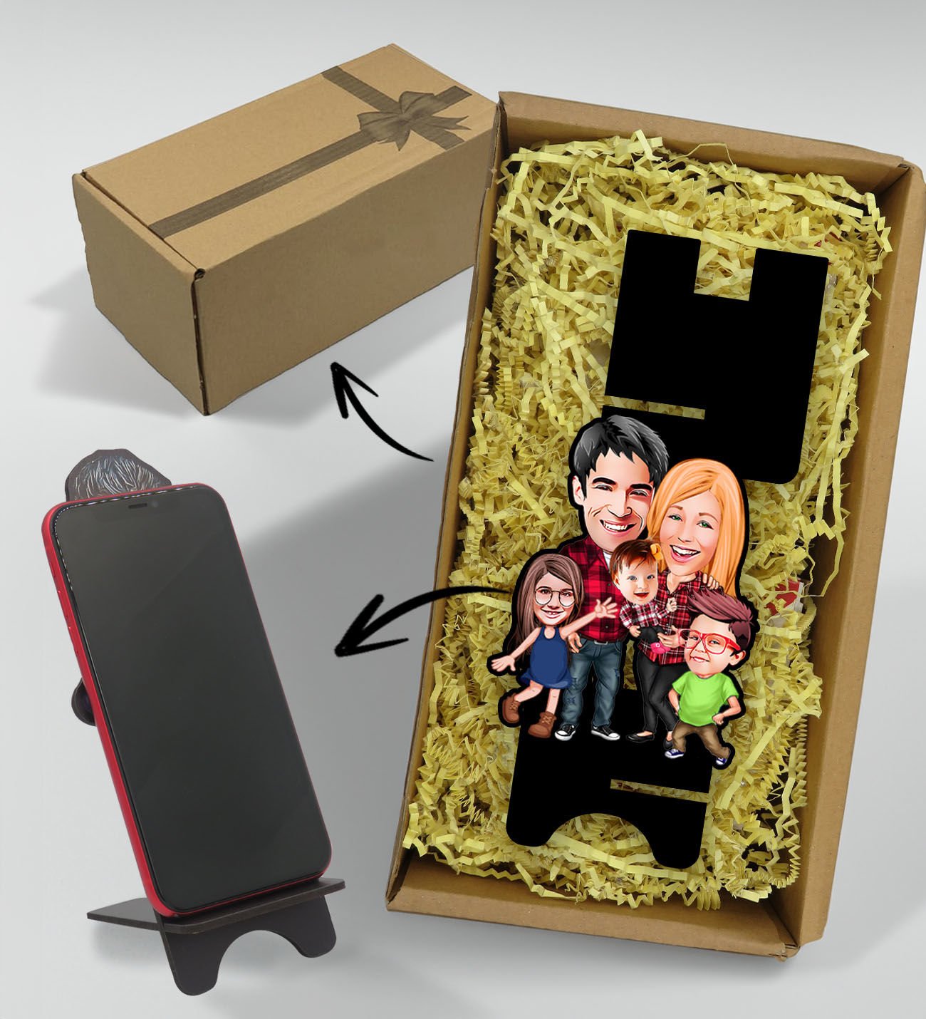 BK Gift Hediye Kutusunda Kişiye Özel Aile Karikatürlü Ahşap Biblo Telefon Standı-5