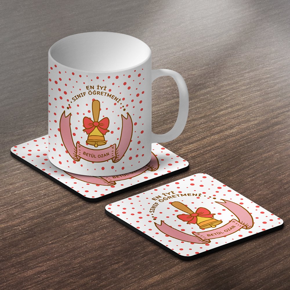 Kişiye Özel En İyi Sınıf Öğretmeni Tasarımlı Kupa ve Bardak Altlığı Seti - 1